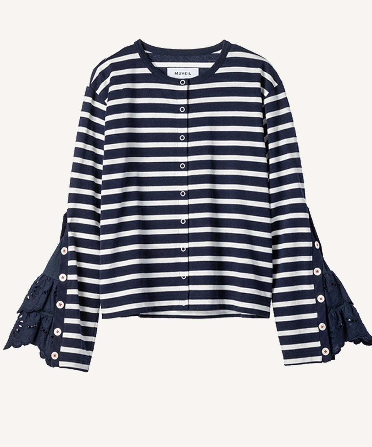 袖レースボーダーカーディガン(navy-40)