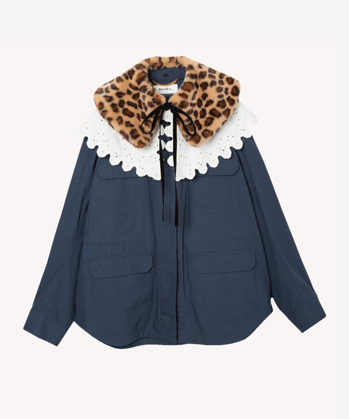 ファー襟付き刺繍ジャケット(navy-36)