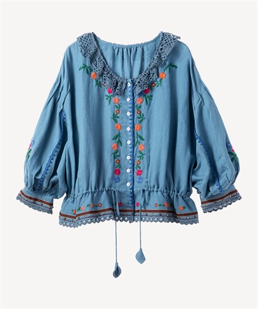 フラワー刺繍スタッズブラウス(blue-36)