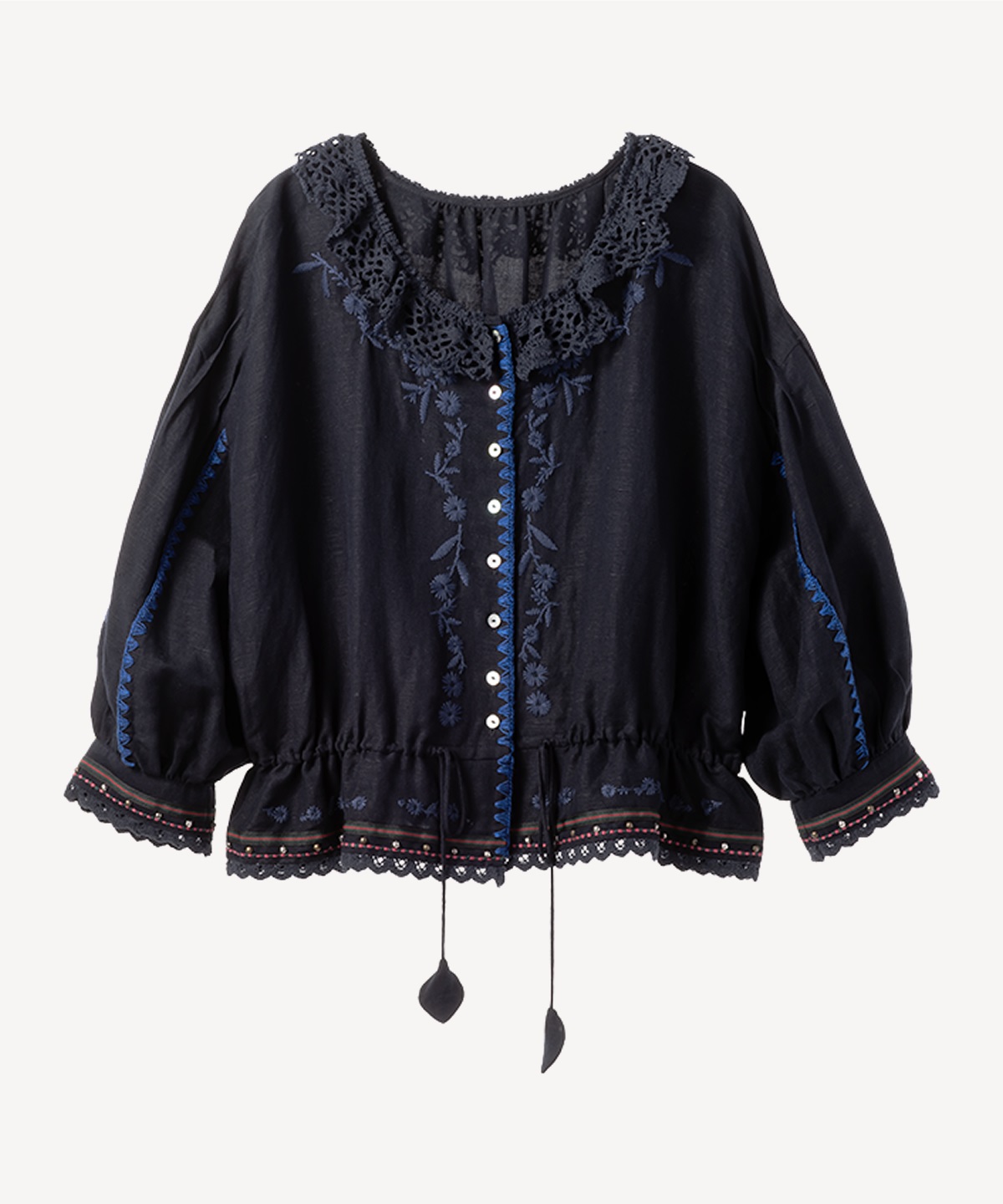 フラワー刺繍スタッズブラウス(navy-36)