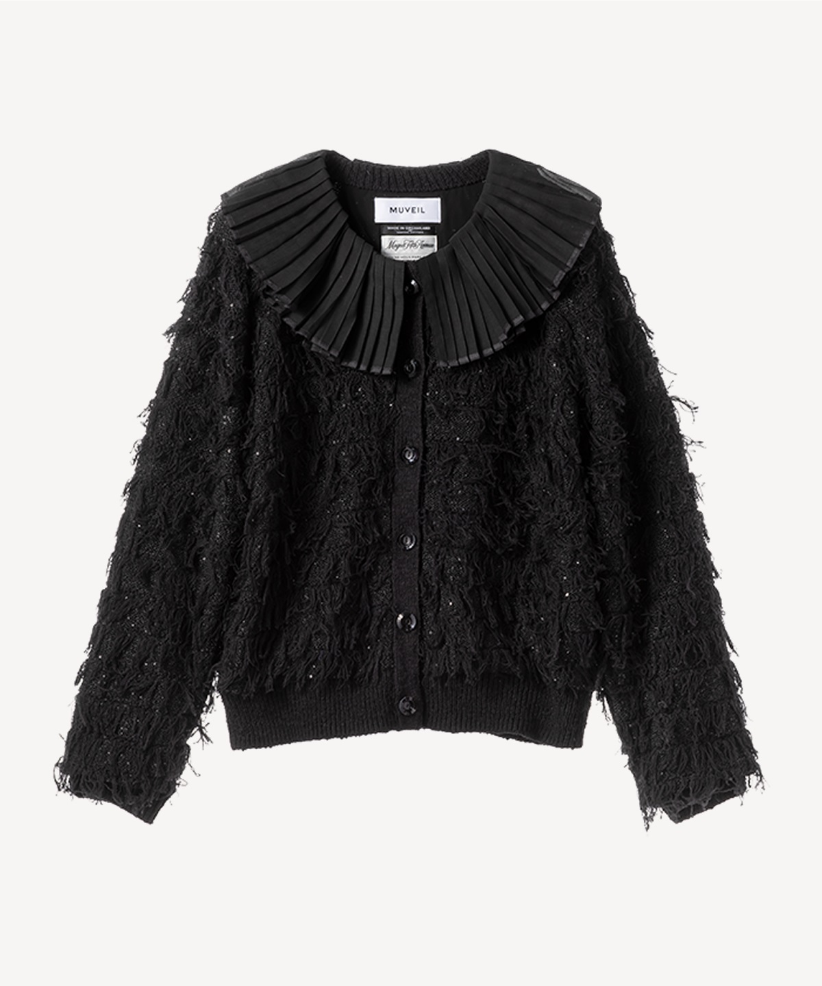 襟付きフリンジツイードカーディガン(black-36)