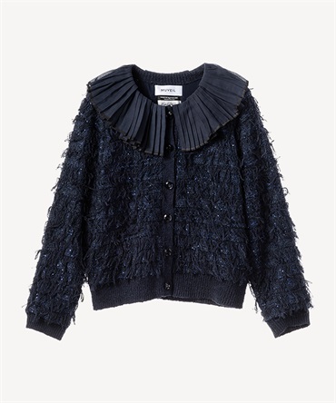 襟付きフリンジツイードカーディガン(navy-36)