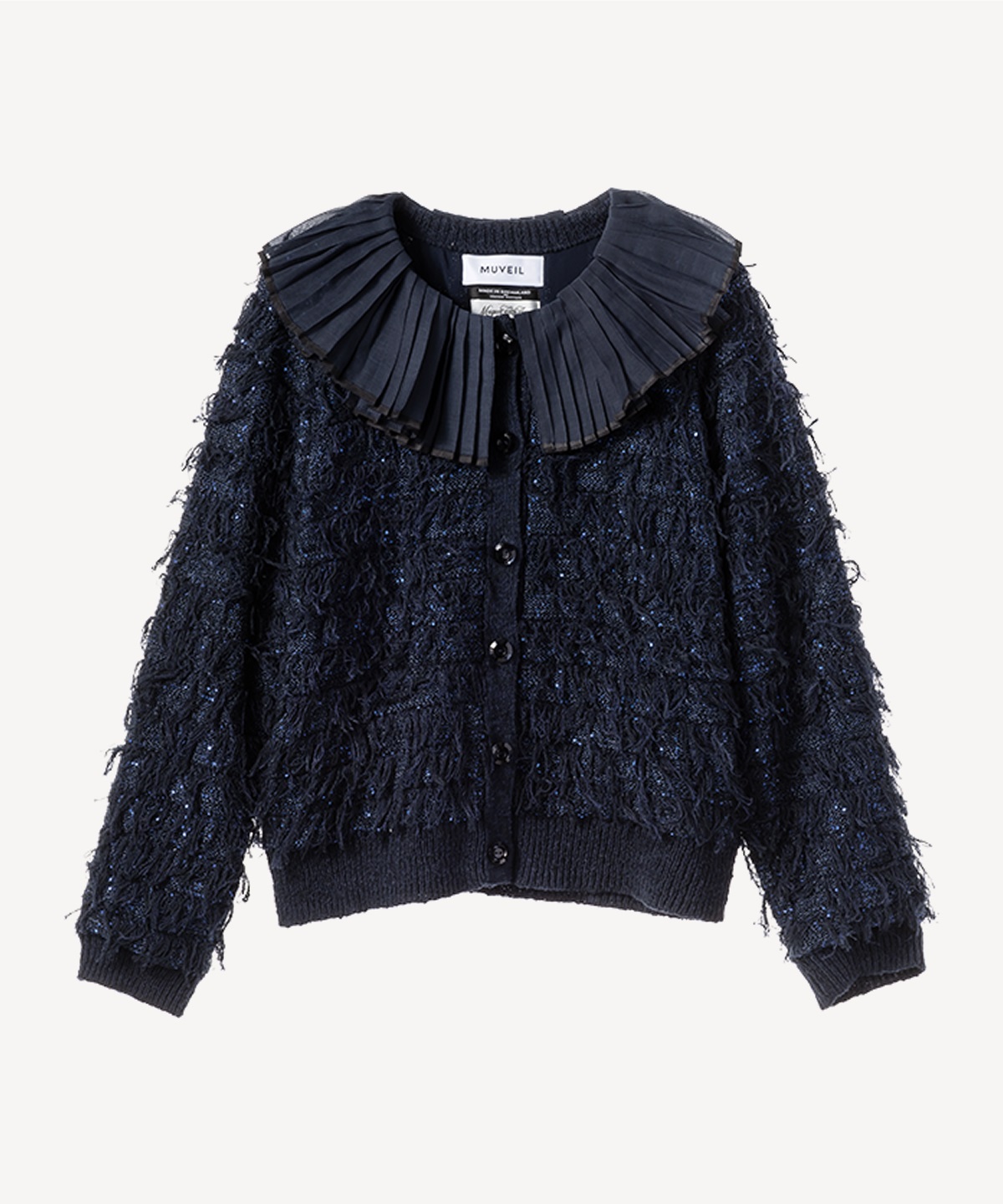 襟付きフリンジツイードカーディガン(navy-36)