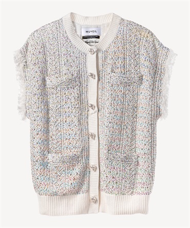 ビジューボタン付きフリンジジレ(white-36)