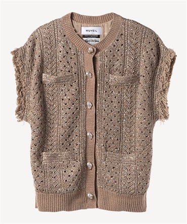 ビジューボタン付きフリンジジレ(camel-36)