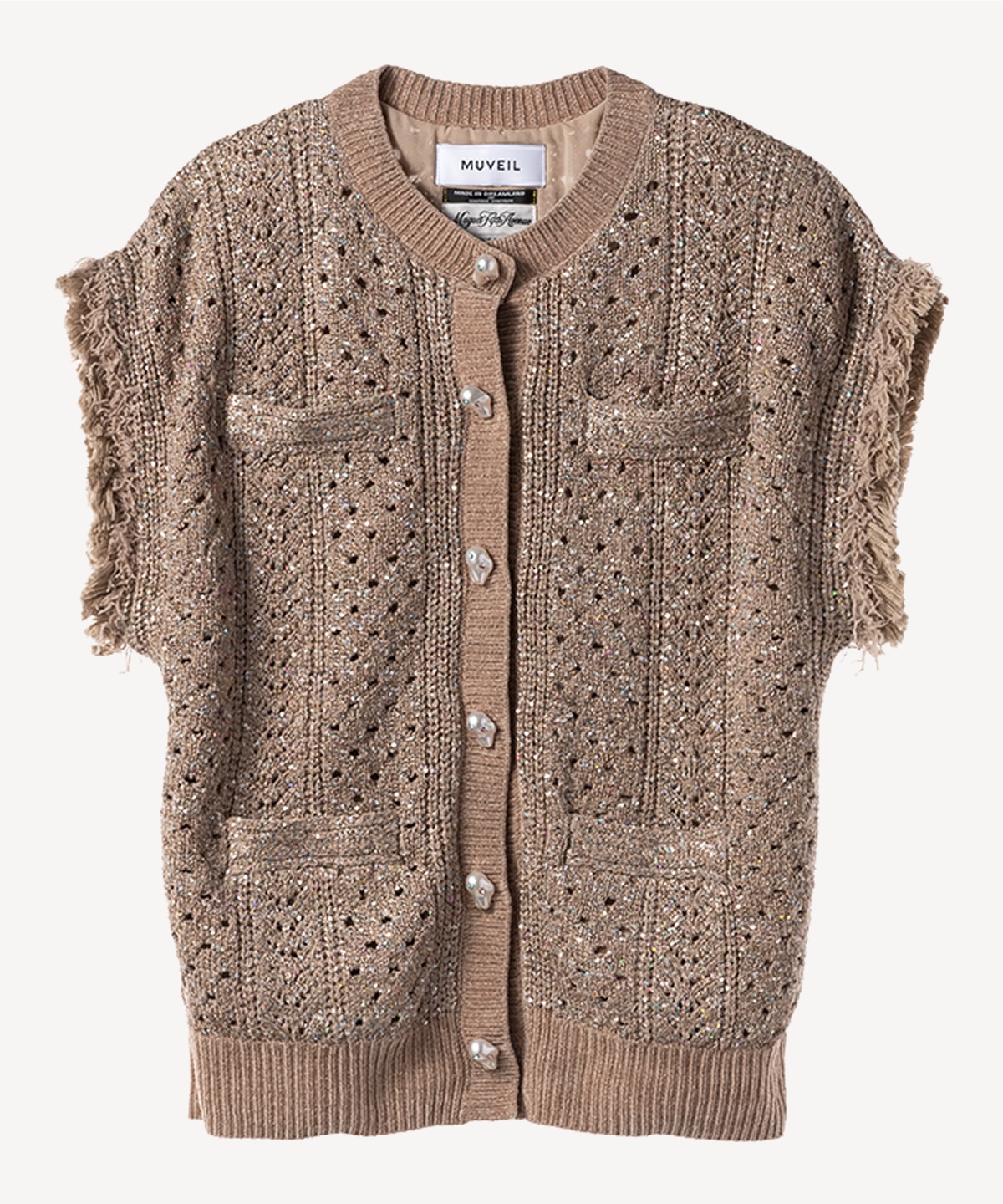 ビジューボタン付きフリンジジレ(camel-36)