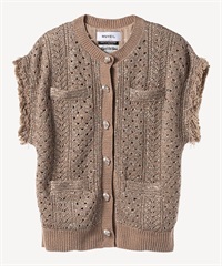 ビジューボタン付きフリンジジレ(camel-36)