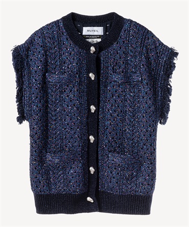 ビジューボタン付きフリンジジレ(navy-36)