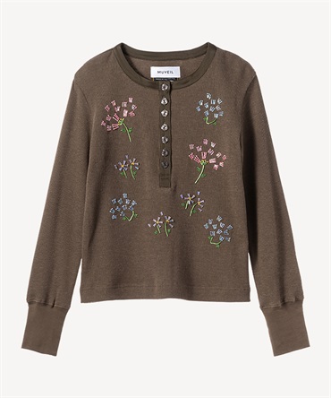 フラワービーズ刺繍サーマルカットソー(khaki-36)