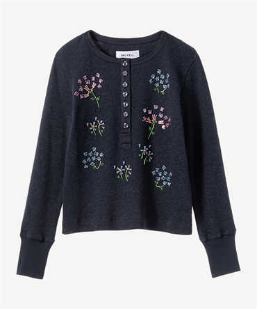 フラワービーズ刺繍サーマルカットソー(navy-36)