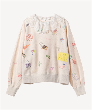 レース襟付き落書きプリントスウェットプルオーバー(beige-36)
