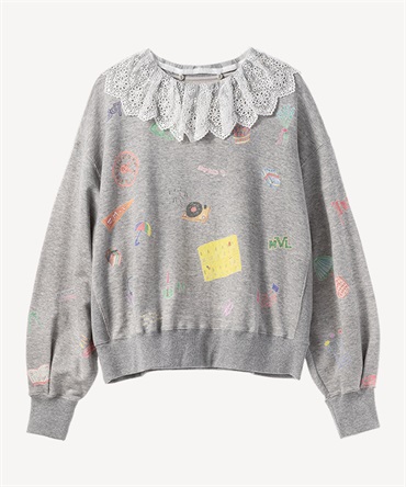 レース襟付き落書きプリントスウェットプルオーバー(gray-36)