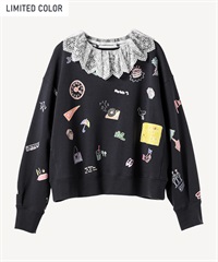 レース襟付き落書きプリントスウェットプルオーバー(dark gray-36)