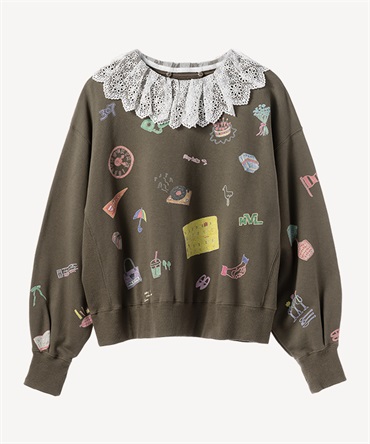 レース襟付き落書きプリントスウェットプルオーバー(khaki-36)