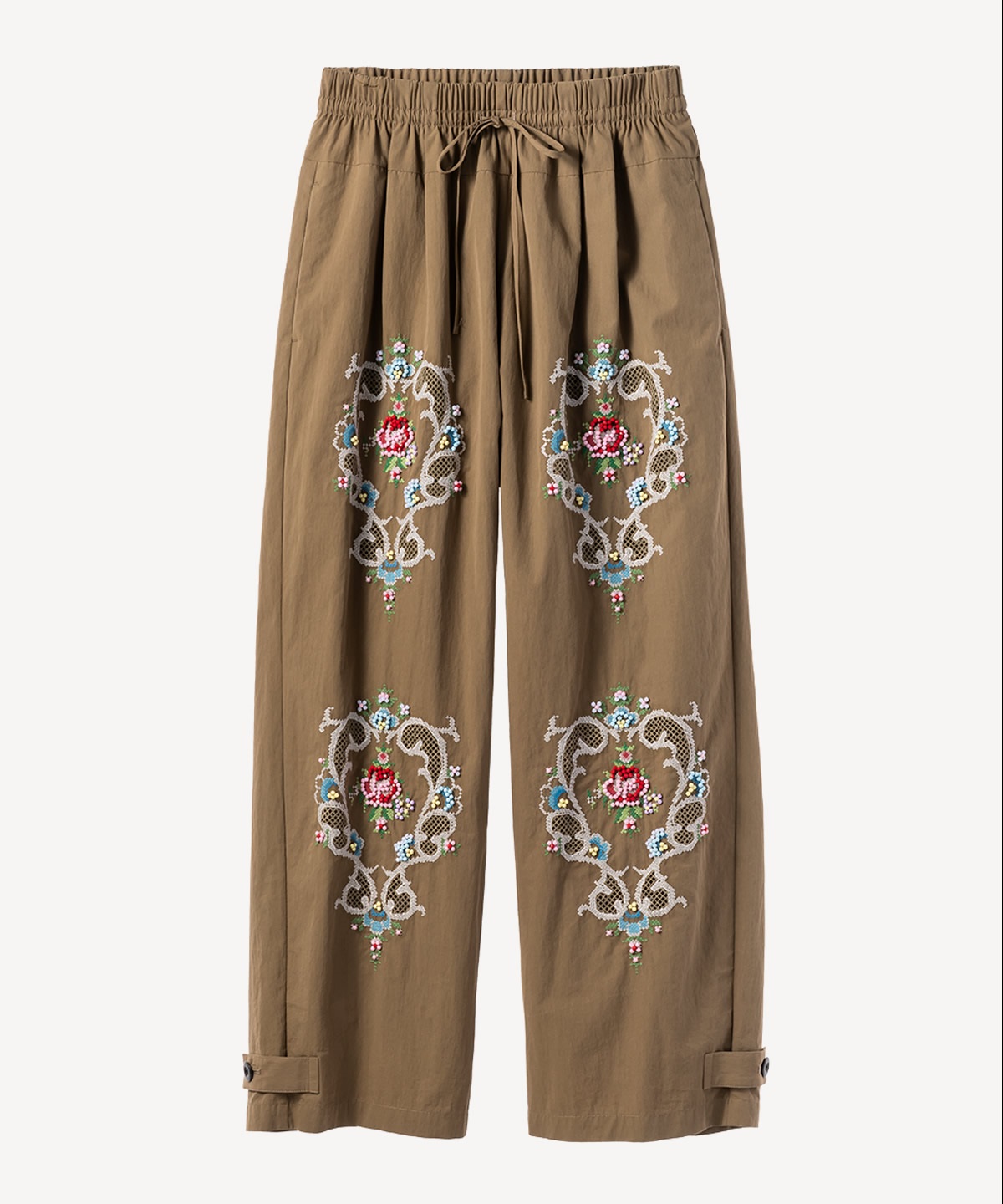 ビーズフラワー刺繍パンツ(khaki-34)