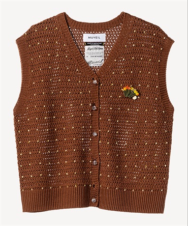 スミレビーズブローチ付き編み込みカーディガン(brown-36)