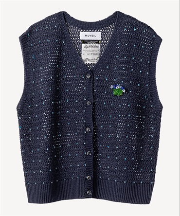 スミレビーズブローチ付き編み込みカーディガン(navy-36)