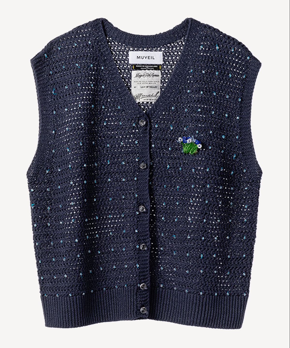 スミレビーズブローチ付き編み込みカーディガン(navy-36)