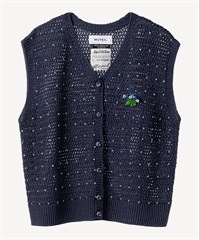 スミレビーズブローチ付き編み込みカーディガン(navy-36)