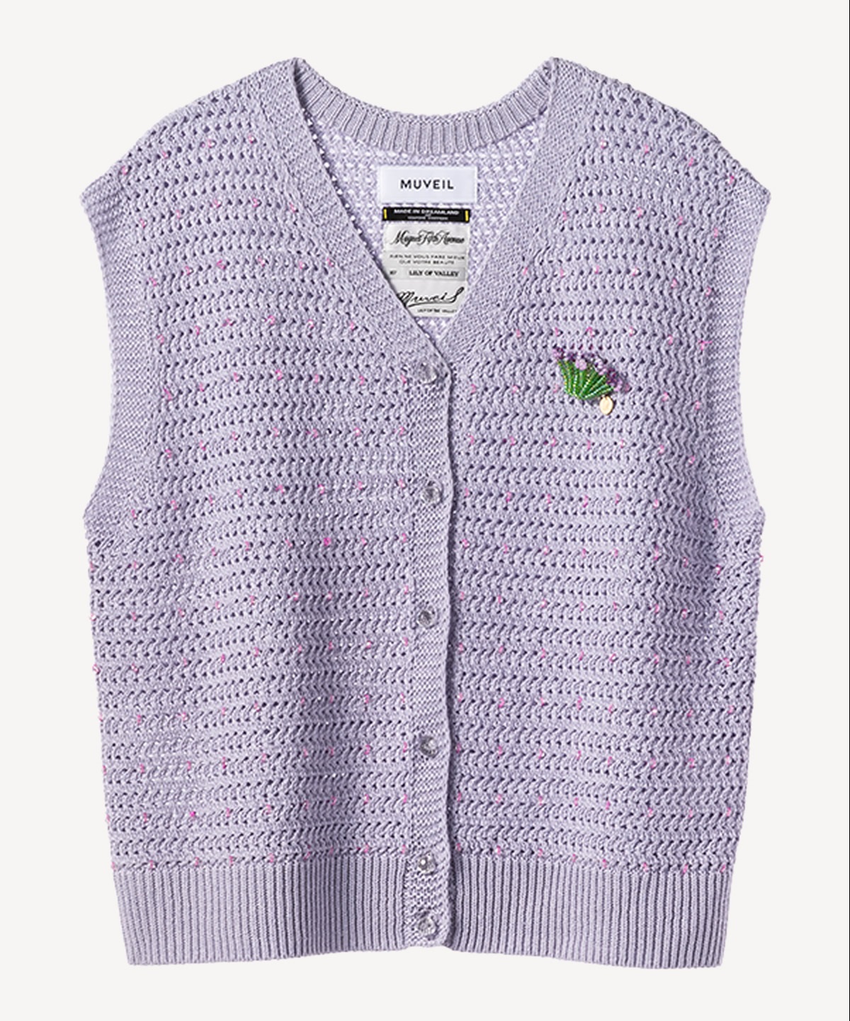 スミレビーズブローチ付き編み込みカーディガン(lilac-36)