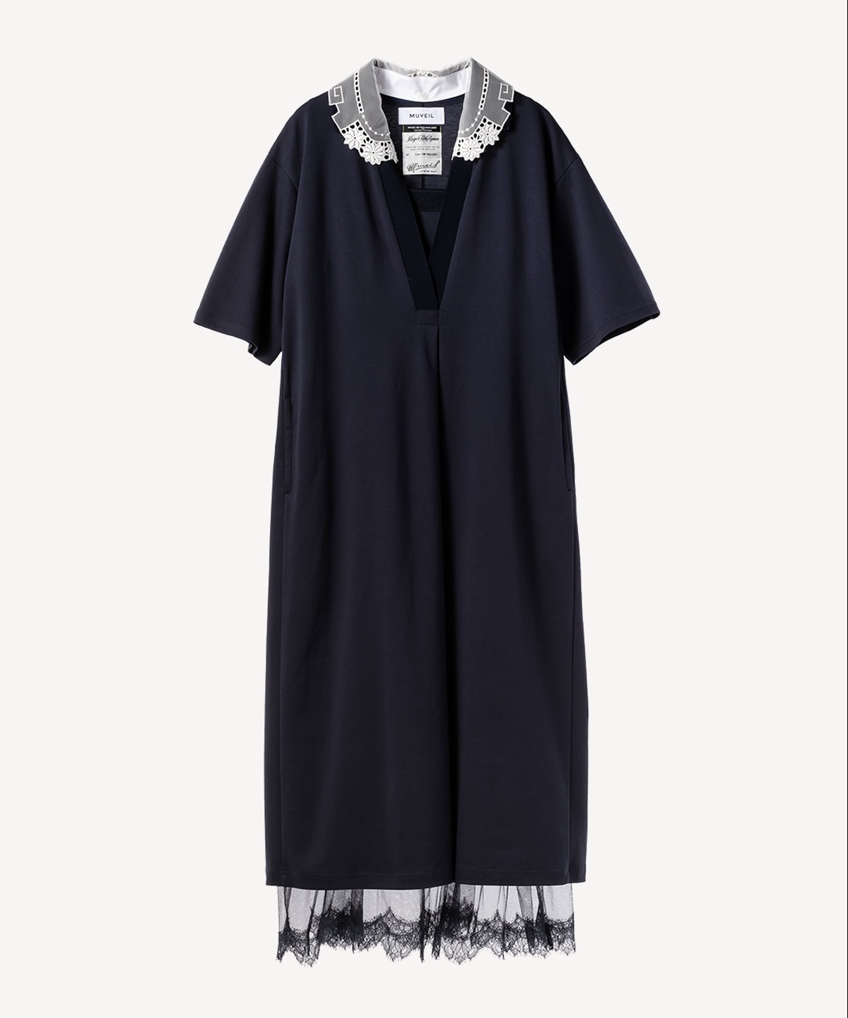 レースカラー付きポロワンピース(navy-36)