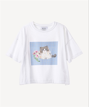 キャットプリント刺繍Tシャツ(white-36)