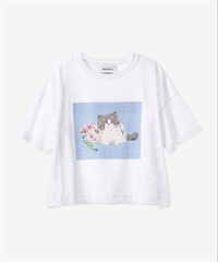 キャットプリント刺繍Tシャツ(white-36)