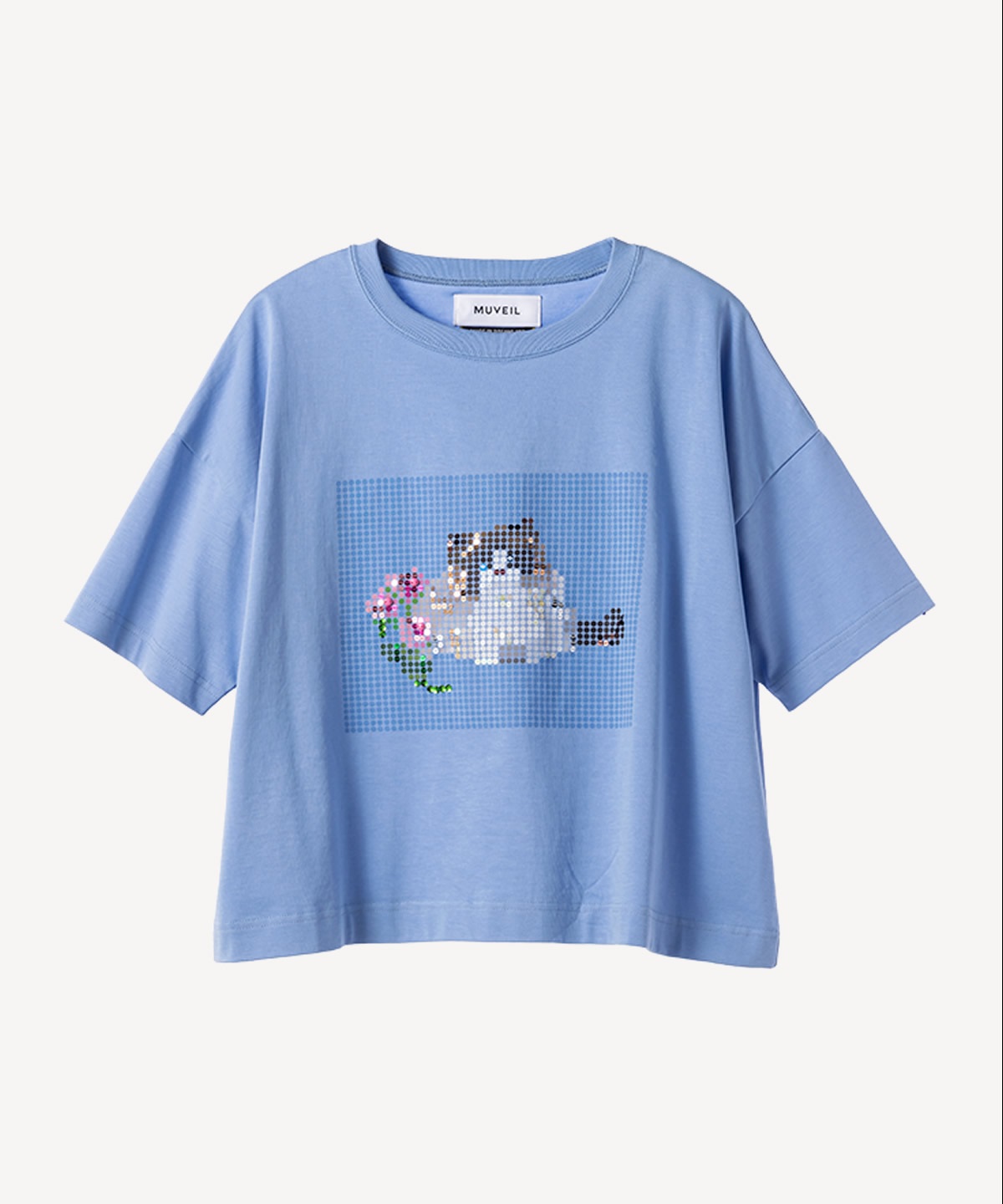 キャットプリント刺繍Tシャツ(saxe-36)