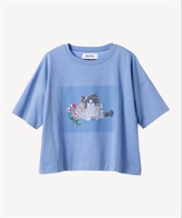 キャットプリント刺繍Tシャツ(saxe-36)