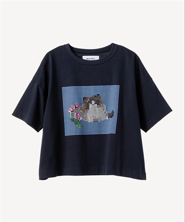 キャットプリント刺繍Tシャツ(navy-36)