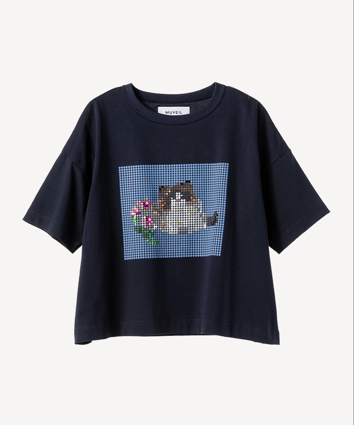 キャットプリント刺繍Tシャツ(navy-36)