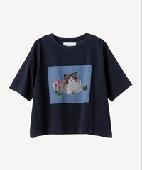 キャットプリント刺繍Tシャツ(navy-36)