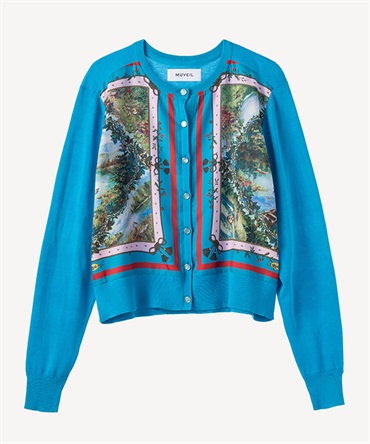 ダック柄スカーフプリントカーディガン(turquoise-36)